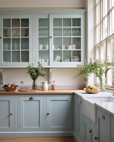 Interior • Instagram Blue Cabinets Kitchen Backsplash, Muted Blue Cabinets Kitchen, Robin Egg Blue Cabinets, Kitchen Design Colourful, Kitchen Design Light Colors, Soft Kitchen Colors, Light Blue Shaker Kitchen, Duck Egg Kitchen Cabinets, Light Blue Cottage Kitchen