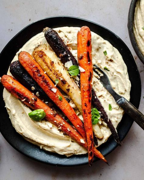 Miso Roasted Carrots with Hummus Carrots With Hummus, Carrots And Hummus, Carrot Recipe, Roasted Rainbow Carrots, Fluffy Bed, Chinese Kool, Sweet Potato Hummus, Miso Glaze, Beet Hummus