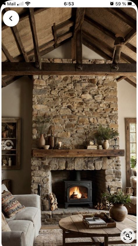 Moody Stone Fireplace, Living Room With Stone Wall, Old Rock Fireplace, Red And Green Decor, Small Stone House, Christmas Living Room Ideas, Rustic Stone Fireplace, Cottage Fireplace, Natural Stone Fireplaces