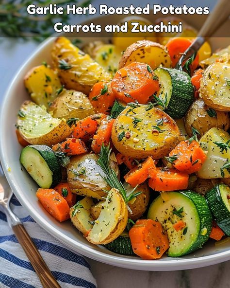 Garlic Herb Roasted Potatoes, Carrots, and Zucchini - Greenku Recipes Garlic Parmesan Vegetables, Roasted Carrots Potatoes And Zucchini, Roasted Garlic Dinner Ideas, Sheet Pan Zucchini And Potatoes, Vegetable Sides For Diabetics, Potatoes Zucchini Recipes, Roasted Potato And Veggies, Zucchini Carrots Potatoes, Garlic Herb Vegetables