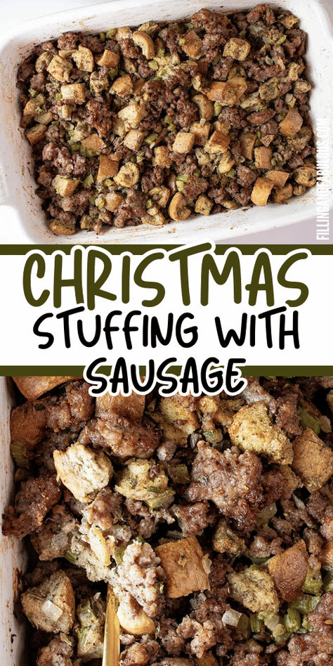 This homemade stuffing recipe combines savory sausage, crusty bread, and classic herbs for the ultimate side dish! A standout among Christmas stuffing recipes, this pork stuffing is perfect for your holiday table. Add it to your collection of favorite Christmas dinner recipes! Homemade Stuffing Recipe Sausage, Christmas Stuffing Recipes, Best Sausage Stuffing, Baked Stuffing, Christmas Side Dishes Recipes, Best Christmas Side Dishes, Christmas Stuffing Recipe, Homemade Stuffing Recipe, Pork Stuffing