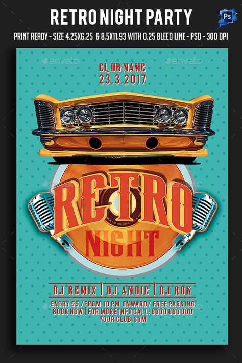 Retro Night Party Flyer Retro Night Poster, Diner Night, Highlight Colors, Retro Night, 50's Diner, Business Advertisement, Banner Design Inspiration, Party Flyer Template, Festival Flyer