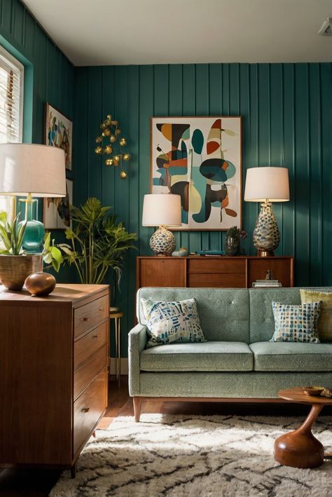 Step into 2024 with the timeless charm of Mid-Century Modern design. Explore retro vibes for modern living spaces in this must-read article. #ad     #Colortrend #wallpaint2024  #color2024  #DIYpainting  ##DIYhomedecor  #Fixhome Modern Santa Fe Style Living Room, Retro Interior Design Living Rooms, Mcm Living Room Blue Couch, Post Century Modern, Mcm Tv Room, New Retro Interior Design, Midcentury Living Room Design, Mid Century Modern Inspiration, Mid Century Modern Living Room Inspiration