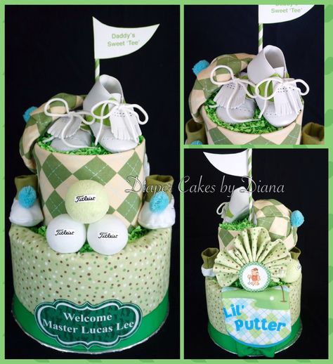 Golf Themed Diaper Cake www.facebook.com/DiaperCakesbyDiana Golf Theme Cake Ideas, Golf Diaper Cake, Baby Nappy Cakes, Golf Baby Showers, Diaper Party, Golf Baby, Baby Bouquet, Diaper Cake Centerpieces