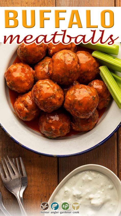 Buffalo Meat Recipes, Buffalo Turkey Meatballs, Buffalo Meatballs, Venison Meatballs, Ground Beef Meatballs, Bison Meat, Buffalo Meat, Buffalo Recipe, Buffalo Chicken Meatballs