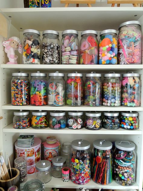 Memories In A Jar, Mason Jar Storage, Memory Jar, Canvas Pencil Case, Art Studio Room, Dream Craft Room, Jar Storage, Bead Storage, Craft Room Storage