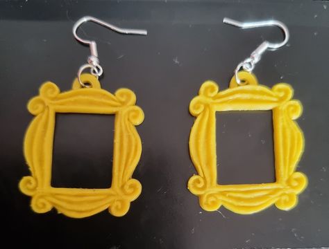 3d printed yellow friends frame earrings by 3DPrintsToGo on Etsy 3d Pencil Art, Friends Frame, Frame Earrings, 3d Earrings, 3d Printed Earrings, Printed Earrings, Yellow Birthday, 3d Printed Objects, 3d Printing Projects