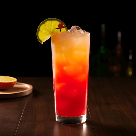 Mexican Sunset Cocktail Recipe - The Mexican Sunset is a sweet, fruity cocktail with a hint of sourness from the lime. It's a refreshing, light drink with a strong taste of tequila. Coconut Rum Cocktails, Sunset Cocktail Recipe, Tequila Sunrise Recipe, Vodka Tonic, Party Cocktails, Tiki Cocktails, Rum Cocktails, Fruity Cocktails, Citrus Juice