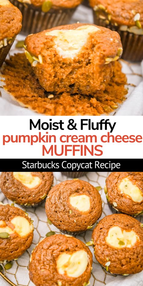 This Starbucks pumpkin muffin recipe with cream cheese center is a delicious homemade copycat recipe of one of the best items on the Starbucks fall menu! Light, fluffy, and moist pumpkin muffins are full of warm spices. The perfect fall breakfast or afternoon snack! Starbucks Pumpkin Cream Cheese Muffins, Moist Pumpkin Muffins, Pumpkin Cheesecake Muffins, Pumpkin Cream Cheese Muffins, Pumpkin Muffin Recipes, Pumpkin Cream Cheese, Fall Menu, Healthy Starbucks, Simple Muffin Recipe