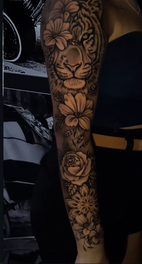 Full Sleeve Tattoos Women Lion, Upper Arm Lion Tattoo Women, Elephant Upper Arm Tattoo, Sleeve Tattoos For Women With Color, Tattoo Ideas Tiger Women, Sleeves For Women Tattoo Unique, Tiger And Flower Tattoo For Women, Leo Forearm Tattoo Women, Lioness Sleeve Tattoos For Women