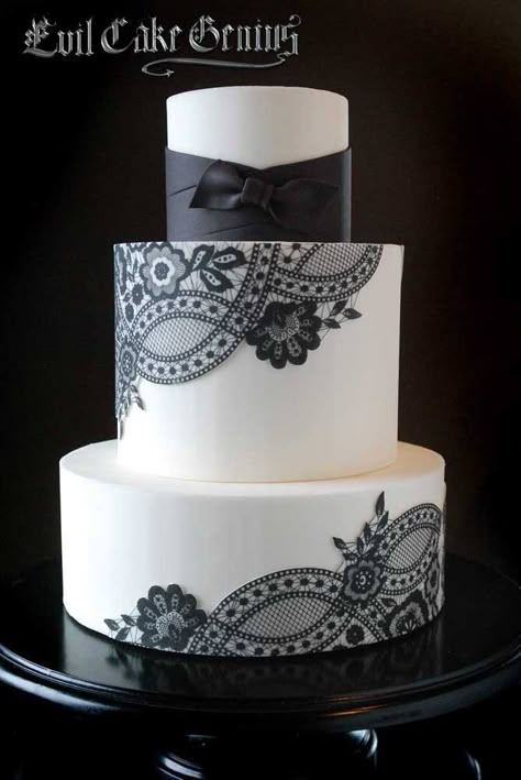 If I go with black bridesmaid dresses, I would love this cake without the ribbon. I'd have to add some color to it with bouquet flowers. Black White Cakes, Whiskey Cake, White Cakes, Tiered Cake, Cake Stencil, Gateaux Cake, Fondant Cookies, White Wedding Cakes, Cake Lace