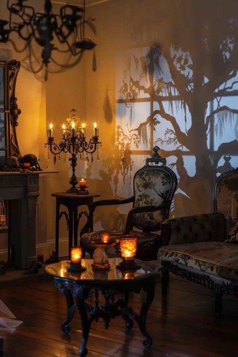 👻 35  Spooktacular Halloween Decorations for a Hauntingly Beautiful Home 🎃 Haunted House Dining Room, Gothic Mansion Halloween Decor, Haunted House Lighting, Halloween Haunted Mansion Decor, Victorian Haunted House Decorations, Haunted Living Room, Haunted House Design, Haunted Dollhouse Diy Ideas, Haunted House Aesthetic