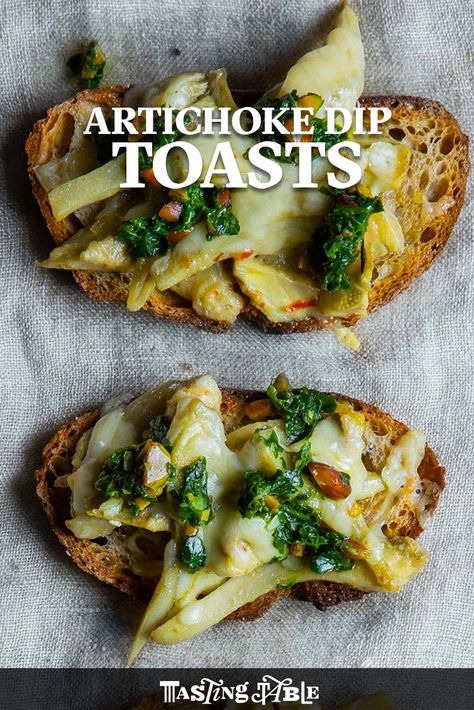 Spinach Artichoke Toast, Artichoke Tapenade, Artichoke Toast, Artichoke Crostini, Artichoke Dip On Baguette, Artichoke Dip In Bread Bowl, How To Make Artichokes, Savory Apps, No Cook Appetizers