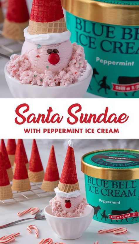 Santa Claus is coming to town! Top off your favorite flavor of Blue Bell with a delicious Santa Sundae. Christmas Sundaes, Fun Holiday Food, Baby Christmas Crafts, Classroom Christmas Party, Christmas Ice Cream, Blue Bell Ice Cream, Peppermint Ice Cream, Gingerbread House Cookies, Fudge Bars