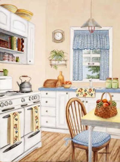 Illustration of KItchen art country kitchen painting illustration Draw Decor, Cottage Paintings, Location Design, Anime House, Anton Pieck, Kitchen Drawing, Grandma's Kitchen, Kitchen Manufacturers, Grandmas Kitchen