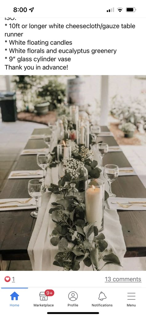 Long Tables At Wedding Reception, Candles On Farmhouse Table Wedding, Sage Green Wedding Long Table, Simple Wedding Table Greenery, Farm Table With Greenery And Candles, Greenery Table Runner Wedding Simple, Wedding Table Centerpieces For Long Tables, Candle Centerpieces Rectangle Table, Wedding Table Decorations Natural