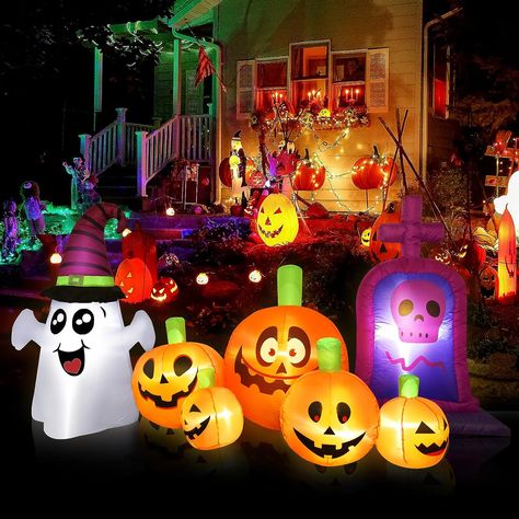 8FT Halloween Inflatables Outdoor Decorations-AUOKAI Halloween Inflatables Blow Up Pumpkin Combo with Ghost and Skull Tombstone Scary Yard Decorations... Halloween Blow Ups, Halloween Outdoor Decoration, Inflatable Party Decorations, Inflatable Pumpkin, Cute Halloween Decorations, Halloween Ghost Decorations, Lights Decor, Inflatable Decorations, Halloween Inflatables