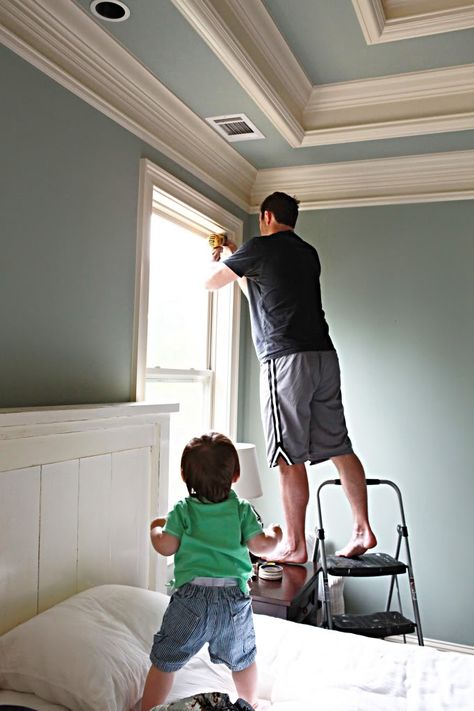 Tray ceiling, crown molding. Wow! Tray Ceiling Ideas, Ceiling Paint Colors, Painted Closet, Paint For Kitchen Walls, Ceiling Trim, Tray Ceiling, Interior Painting, Bedroom Ceiling, Wall Paint Colors