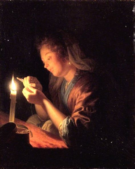 "Girl Threading a Needle by Candlelight"  Godfried Schalcken  (Dutch 1643-1706) Threading A Needle, Wallace Collection, Michael Faraday, Dutch Golden Age, Night Scene, Art Uk, Sewing Art, Chiaroscuro, Rembrandt