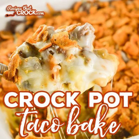 Crock Pot Taco Bake is an delicious adaptation of our popular oven recipe. Layers of chili cheese fritos, taco meat, cheese sauce, shredded cheese and more fritos bake up into a delicious casserole we love to serve over a bed of lettuce with all our favorite taco toppings! #sponsored Crockpot Supper, Chili Cheese Fritos, Baked Tacos Recipe, Taco Toppings, Crock Pot Food, Crockpot Casserole, Oven Recipe, Crock Pot Tacos, Taco Bake