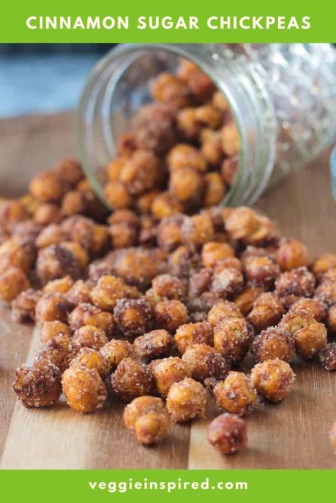 Crunchy, sweet, and totally delicious, these Cinnamon Sugar Roasted Chickpeas are perfect for snacking all year round! Great for after school snacks, late night munchies, or holiday party nibbles. Quick and easy to make! Snacks Late Night, Roasted Chickpeas Snack, Late Night Munchies, Party Nibbles, Chickpea Recipes Roasted, Chickpea Snacks, Nibbles For Party, Crunchy Chickpeas, Vegan Snack Recipes