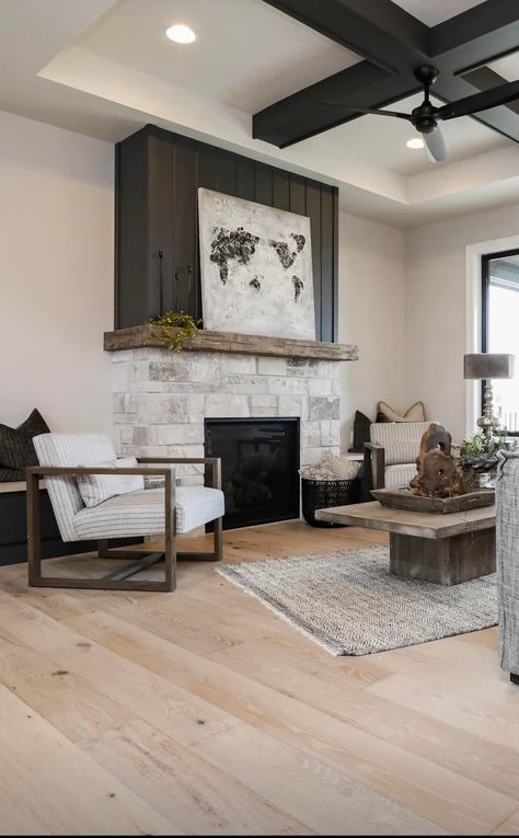 Stone Black Fireplace, Decor On Side Of Fireplace, Fireplace With Rock And Shiplap, Black And Stone Fireplace, Dark Rock Fireplace, Cool Fireplace Ideas, Fireplace Half Stone, Stone Shiplap Fireplace, Concrete Hearth Fireplace