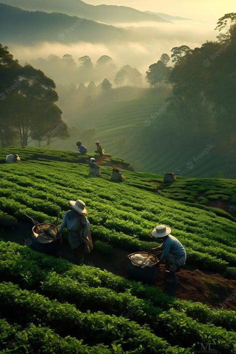 Tea Farm Photography, Tea Garden Painting, Tea Moodboard, Coffee Landscape, Morning Background, Farmer Working, Tea Background, Cafe Background, Coffee Content