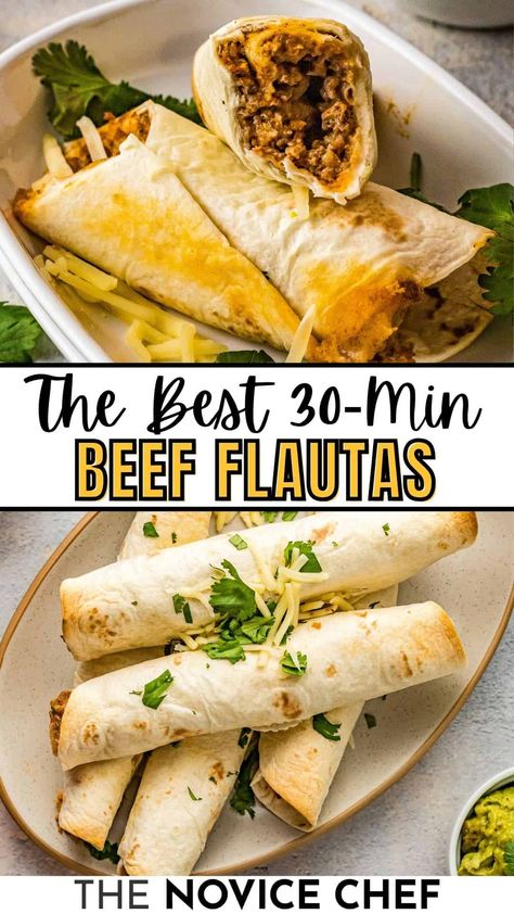 These cheesy beef flautas, or beef taquitos, are a quick and easy dinner recipe in 30 minutes! With a crunchy shell and a seasoned beef filling, they’re a totally irresistible Tex-Mex comfort food! Steak Flautas Recipe, Steak Taquitos Recipes, Flautas Recipe Chicken, Beef Flautas Recipe, Beef Flautas, Baked Flautas, Flautas Recipe, Beef Taquitos, Prep Snacks