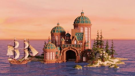 Big Minecraft Building Ideas, Big Builds Minecraft, Minecraft Builds On Water, Island Builds Minecraft, Minecraft Ocean Castle, Minecraft Water Castle, Minecraft Island Castle, Minecraft Water House Ideas, Mermaid Minecraft Build