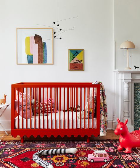 Red Crib Nursery, Maximalist Baby Nursery, Maximalist Nursery, Red Crib, Bold Nursery, Painting A Crib, Unique Cribs, Modern Nursery Design, Crib Conversion Kit