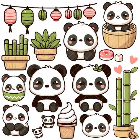 Kawaii Panda Drawing, Panda Kawaii Wallpaper, Panda Illustration Cute, Cute Printable Stickers, Cute Panda Clipart, Panda Stickers Printable, Panda And Bamboo Drawing, Panda Stickers Kawaii, Panda Drawing Bamboo