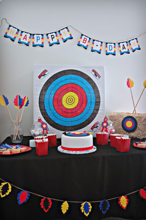 Archery Party Dessert Table Archery Party Decorations, Archery Birthday Party Ideas, Archery Party Ideas, Archery Birthday Party, Archery Birthday, Archery Party, Target Party, Brave Party, Braves Party