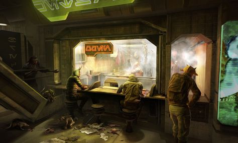 "Food Shop Order Window" // Star Wars 1313, Game Concept Art (game cancelled after Disney's purchase of SW Property) Star Wars 1313, Dnd Locations, Futuristic Concept Art, Star Wars Planets, Star Wars Characters Pictures, Star Wars Concept Art, Star Wars Rpg, Game Concept Art, Matte Painting