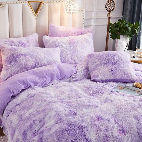 JAUXIO Luxury Abstract Faux Fur Bedding Set Tie Dye Printed Shaggy Duvet Cover with Pillow Shams Soft Crystal Velvet Reverse #homedecor #fauxfur #luxurybedsheet #Duvetcover #bedsheet Purple Aesthetic Bedding, Purple Bedsheet, Lilac Bedroom Aesthetic, Purple Beds, Light Purple Room Ideas, Lilac Room, Lilac Bedroom, Fur Bed, Purple Bed