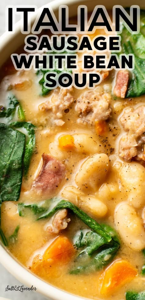 Italian Sausage White Bean Soup, Rainy Day Meals, Rainy Day Dinner Ideas, Sausage White Bean Soup, Salad Station, Sausage White Bean, Instapot Meals, Crockpot Soups, Sausage Soup Recipes