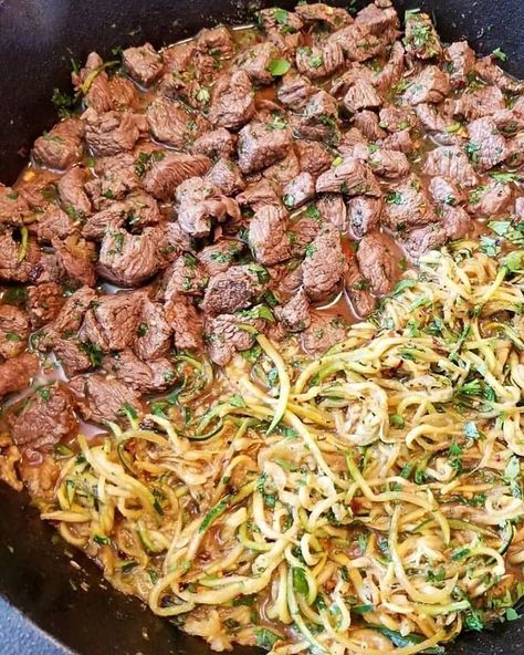 GARLIC BUTTER STEAK AND ZUCCHINI NOODLES Recipe Steak Bites With Zucchini Noodles, Zucchini Noodles Recipe, Garlic Butter Steak Bites, Butter Steak Bites, Grass Fed Steak, Zucchini Noodle Recipes, Spiralized Zucchini, Butter Steak, Garlic Butter Steak