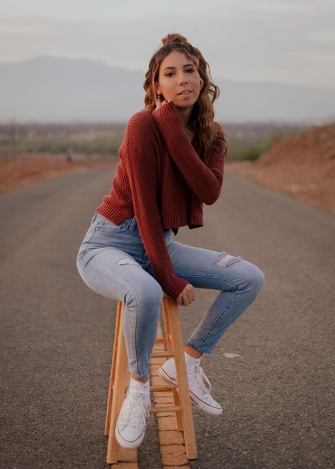 Chair In Road Photoshoot, Poses On A Stool Photo Ideas, Outdoor Stool Photoshoot, Wooden Stool Photoshoot, Stool Senior Pictures, Bar Stool Photoshoot Ideas, Stool Photoshoot Photo Ideas Outside, Stool Pictures Photo Shoot, Stool In Field Photoshoot