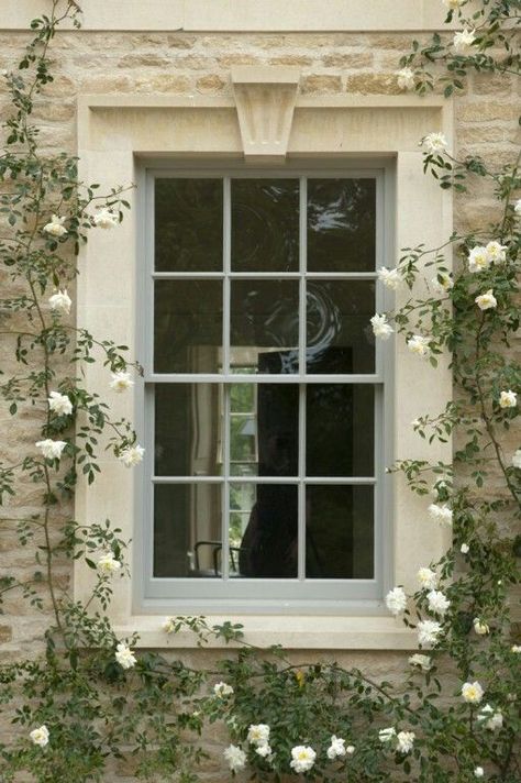 European Windows Exterior, Limestone Window Surround, Georgian Windows Exterior, Stone Window Surround, Window Surround Exterior, Stone Window Trim, Stone Door Surround, Window From Outside, White Picket Fence Ideas