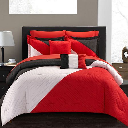 # Pieces In Set: 7Included: 1 Standard Sham(s), 1 Flat Sheet(s), 1 Fitted Sheet(s), 1 Standard Pillowcase(s), 1 18x18 Inch Decorative Pillow(s), 1 Comforter(s), 1 12x18 Inch Decorative Pillow(s)Features: HypoallergenicWarmth Factor: MidweightBed Size: TwinBedding Measurements: 90 Width/Inches, 66 Length/InchesSheets Mattress Depth: Up To 12 In DeepBedding Fiber Content: 100% PolyesterBedding Filling Content: 100% PolyesterFabric Description: MicrofiberSham Fiber Content: 100% PolyesterSheets Fib Unique Decorative Pillows, Floral Comforter Sets, Bedroom Red, Comforter Bedding Sets, Color Block Design, Bed In A Bag, Print Comforter, Bedding Stores, Block Design