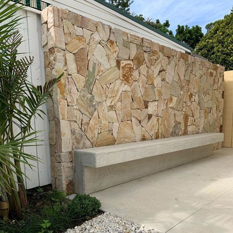 Sandstone Fence Front Yards, Stone Wall Exterior, Sandstone Garden, Sandstone Front Fence, Sandstone House, Sandstone Fence, Sand Stone Wall, Sandstone Feature Wall, Sandstone Feature Wall Exterior