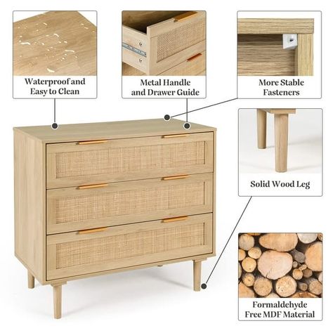 3 Drawer Dresser for Bedroom, Rattan Dresser Modern Closet Dressers Chest of Drawers, Wood Oak 3 Drawer Storage Chest - Bed Bath & Beyond - 38233919 Closet Dressers, Bedroom Rattan, Chest Bed, Light Wood Dresser, Dresser Closet, Large Bedside Tables, Large Nightstand, Rattan Dresser, Dresser Modern