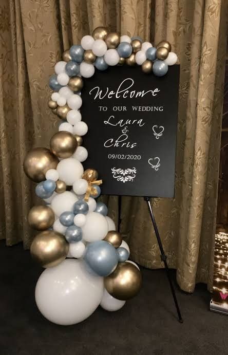 Balloon Decorations For Weddings Decor, Balloons Decorations For Wedding, Reception Balloon Decorations, Wedding Ballons Decoration Ideas Outside, Ballon Stage Decorations, Balloon Decoration For Wedding, Welcome Board Balloon Decor, Balloon Decor For Wedding, Balloon Sign Entrance