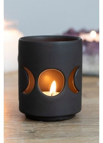 Small Black Triple Moon Cut Out Tealight Holder | Attitude Clothing Festive Halloween Decor, The Crone, Moon Cut, Moon Candle, Black Candle, Triple Moon Goddess, Triple Moon, Tealight Candle, Ceramic Candle