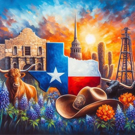 Texas Painting Ideas, Texas Painting, Texas Pictures, Texas Artwork, Texas Traditions, Texas Print, Texas Theme, Long Horns, Texas Tattoos