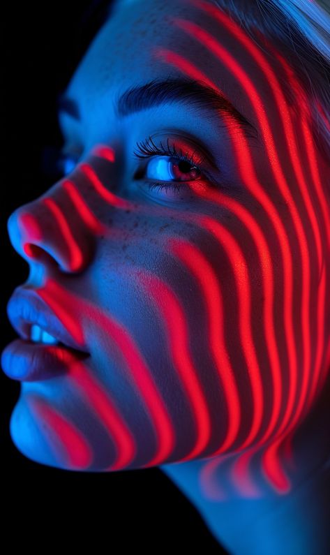 🌟🎨Discover Amazing Midjourney Prompts - Tap Link in my Bio📌🔗 Portrait Cool Lighting, Red And Blue Portrait Photography, Red Blue Light Photography, Gel Portrait Photography, Light Painting Portrait, Red Light Photoshoot Ideas, Red And Blue Portrait, Red Light Photoshoot, Fire Photoshoot