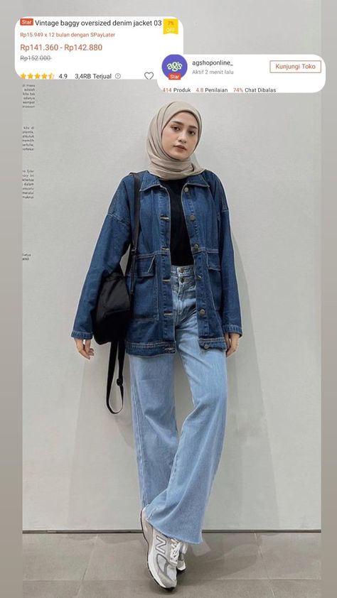 Ootd Jacket Jeans Hijab, Jeans Jacket Outfit Hijab, Oversized Outfit Hijab, Hijab Outfit Jeans, Kemeja Denim, Celana Kargo, Hijab Ideas, Stylish Outfits Casual, Outfit Hijab Casual