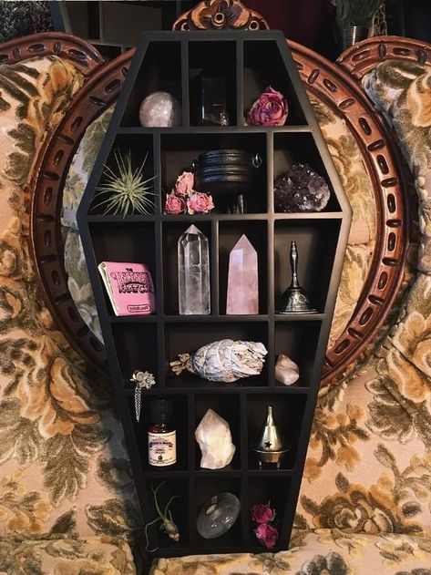 Coffin Shelf Coffin Shelf, Goth Houses, Gothic Coffin, Gothic Room, Curio Shelf, Crystal Shelves, Gothic Furniture, Horror Decor, Dark Home Decor