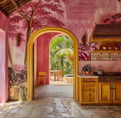 Mexico City Home Decor, Yellow And Pink Interior, Pink Maximalist Decor, Reverse Orientalism, Maximalist House, Mediterranean House, Big Wall Art, Maximalist Decor, Spanish House