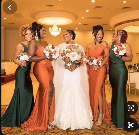 Emerald Green And Terracotta Bridesmaid Dresses, Sienna And Emerald Wedding, Style For Bridesmaid Dress, Burnt Orange And Green Wedding Colors, Green And Orange Bridesmaids, Emerald Green And Burnt Orange Wedding Colors, Emerald And Bronze Wedding, Emerald Green And Burnt Orange Wedding Decor, Burnt Orange Emerald Green Wedding