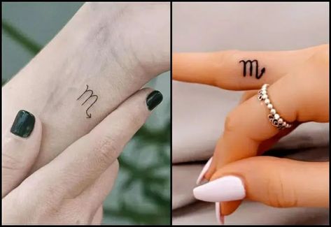 7 Scorpio Tattoo Designs That Will Represent Your Zodiac Sign Finger Scorpio Tattoo, Scorpio Tattoo On Finger, Scorpio Themed Tattoos, Scorpio Tattoo Neck, Small Scorpio Tattoo Zodiac, Scorpio Symbol Tattoo, Scorpio Tattoos For Women, Scorpio Tattoo Zodiac, Scorpio Sign Tattoos